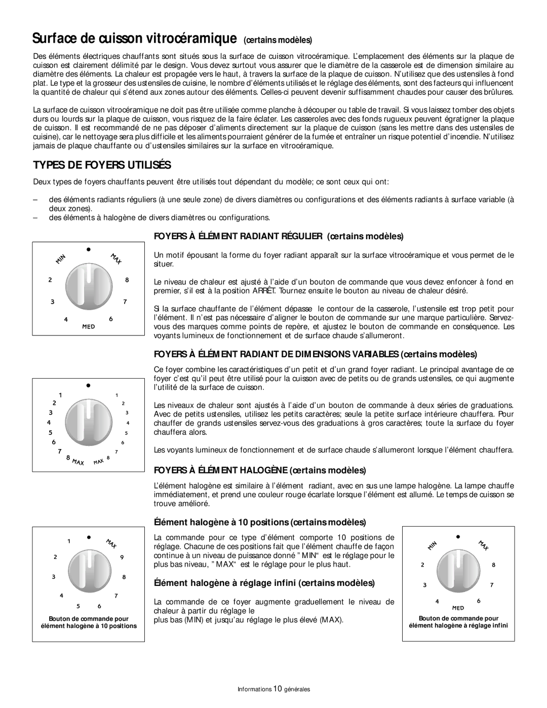 Frigidaire 318200404 manual Surface de cuisson vitrocéramique certains modèles, Types DE Foyers Utilisés 