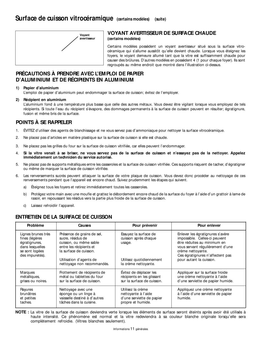 Frigidaire 318200404 manual Surface de cuisson vitrocéramique certains modèles suite, Voyant Avertisseur DE Surface Chaude 