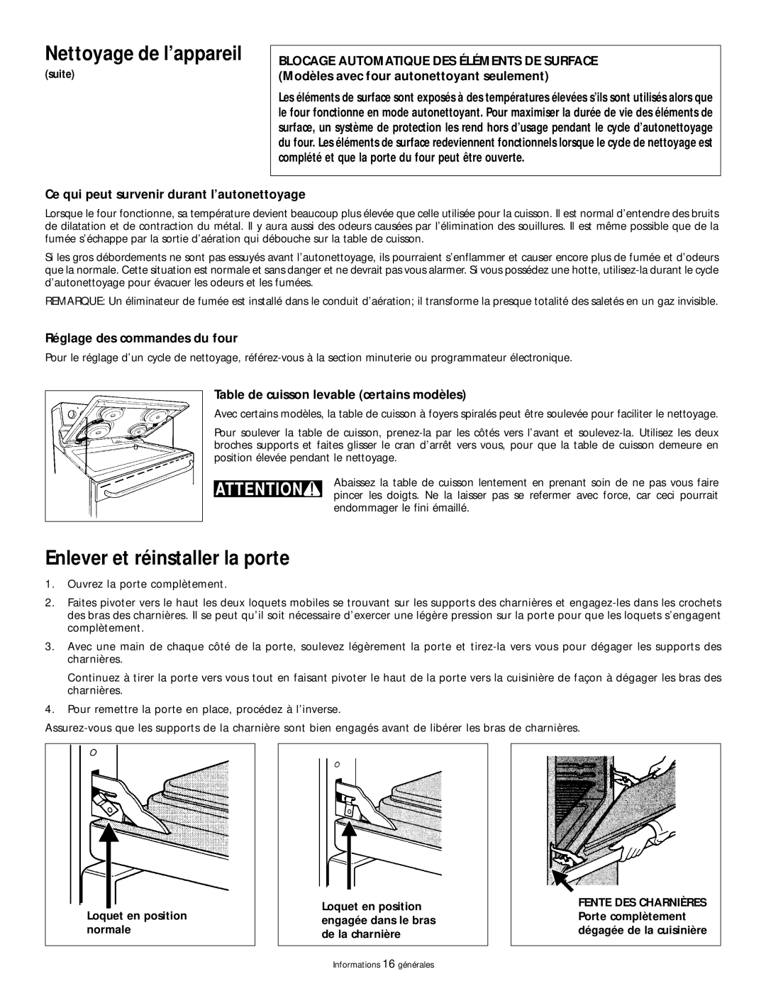 Frigidaire 318200404 manual Enlever et réinstaller la porte, Ce qui peut survenir durant l’autonettoyage 