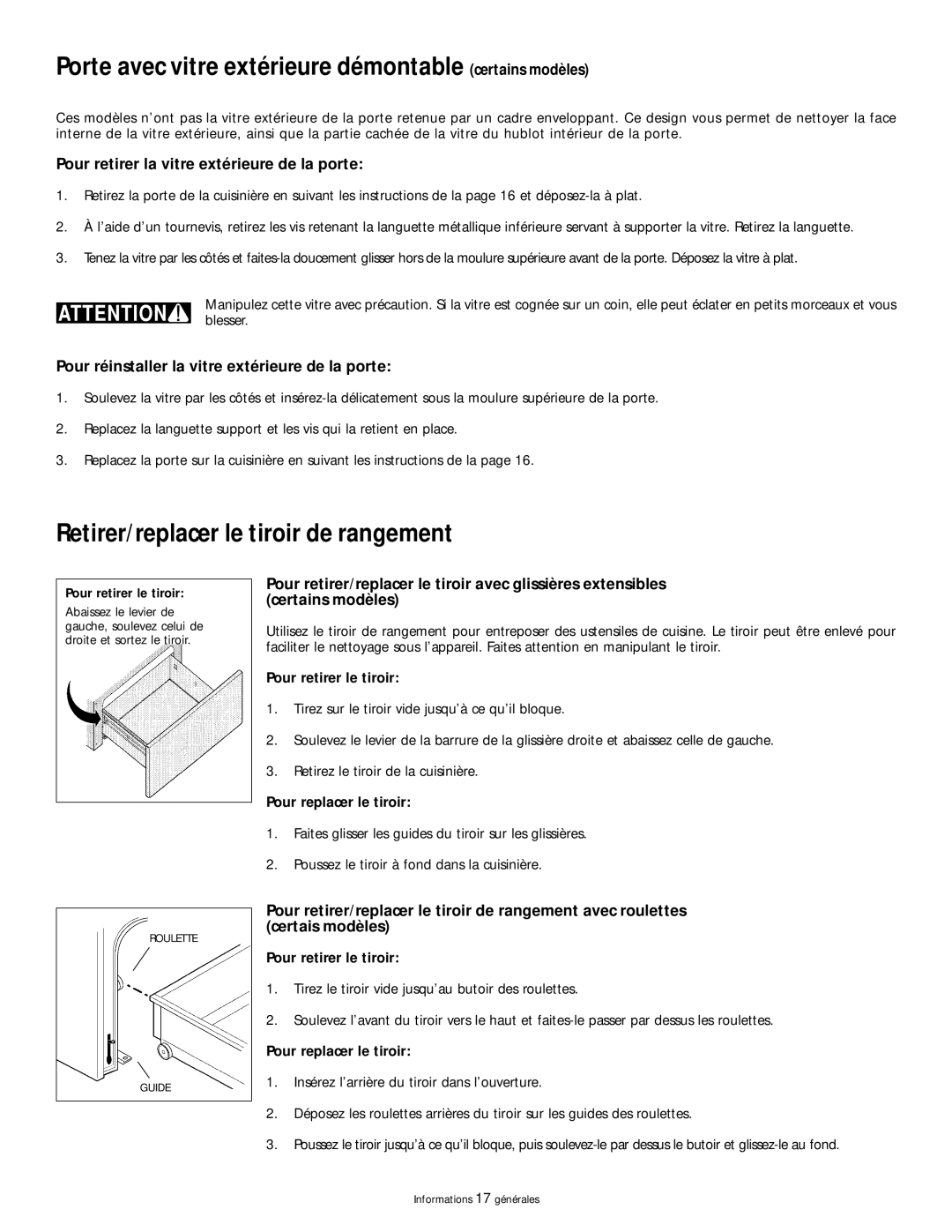 Frigidaire 318200404 Porte avec vitre extérieure démontable certains modèles, Retirer/replacer le tiroir de rangement 