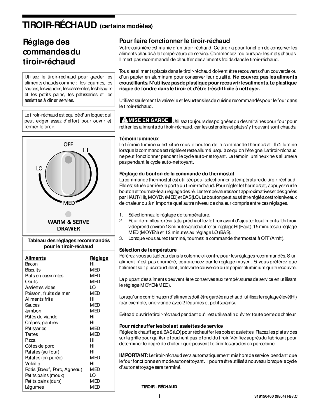 Frigidaire 318200404 manual Réglage des, Commandes du, Tiroir-réchaud 