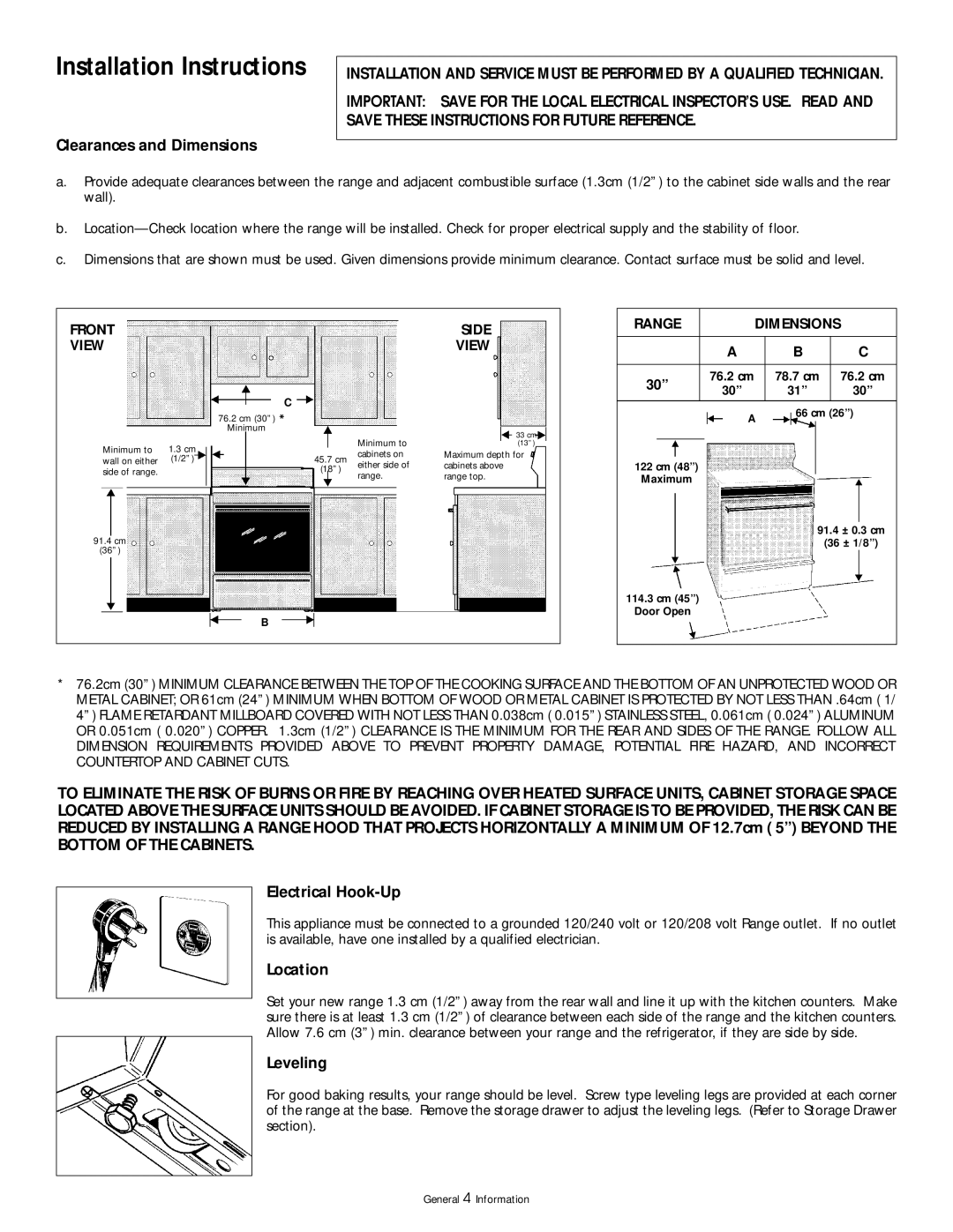 Frigidaire 318200404 manual Installation Instructions, Clearances and Dimensions, Location, Leveling 