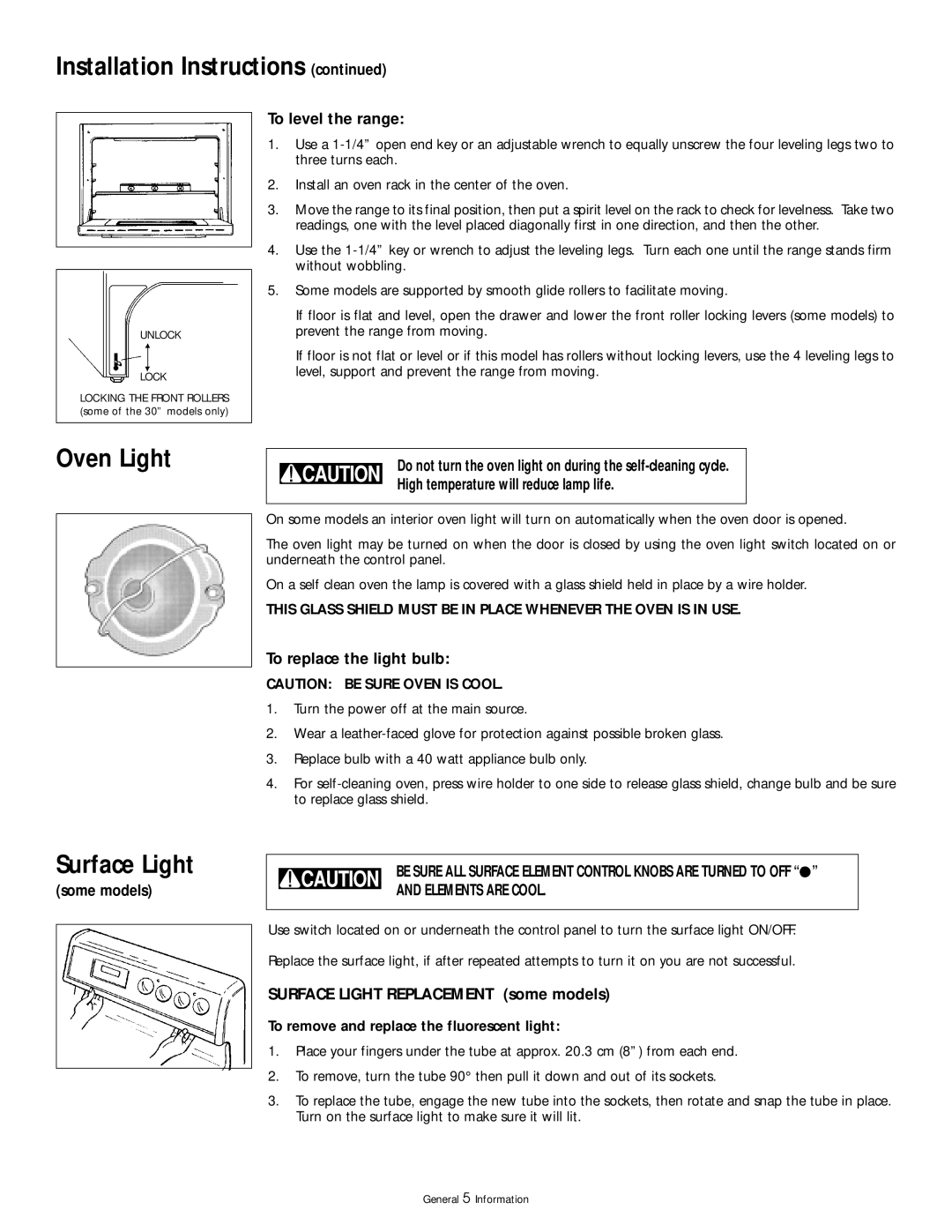 Frigidaire 318200404 manual Oven Light, Surface Light, Elements are Cool 