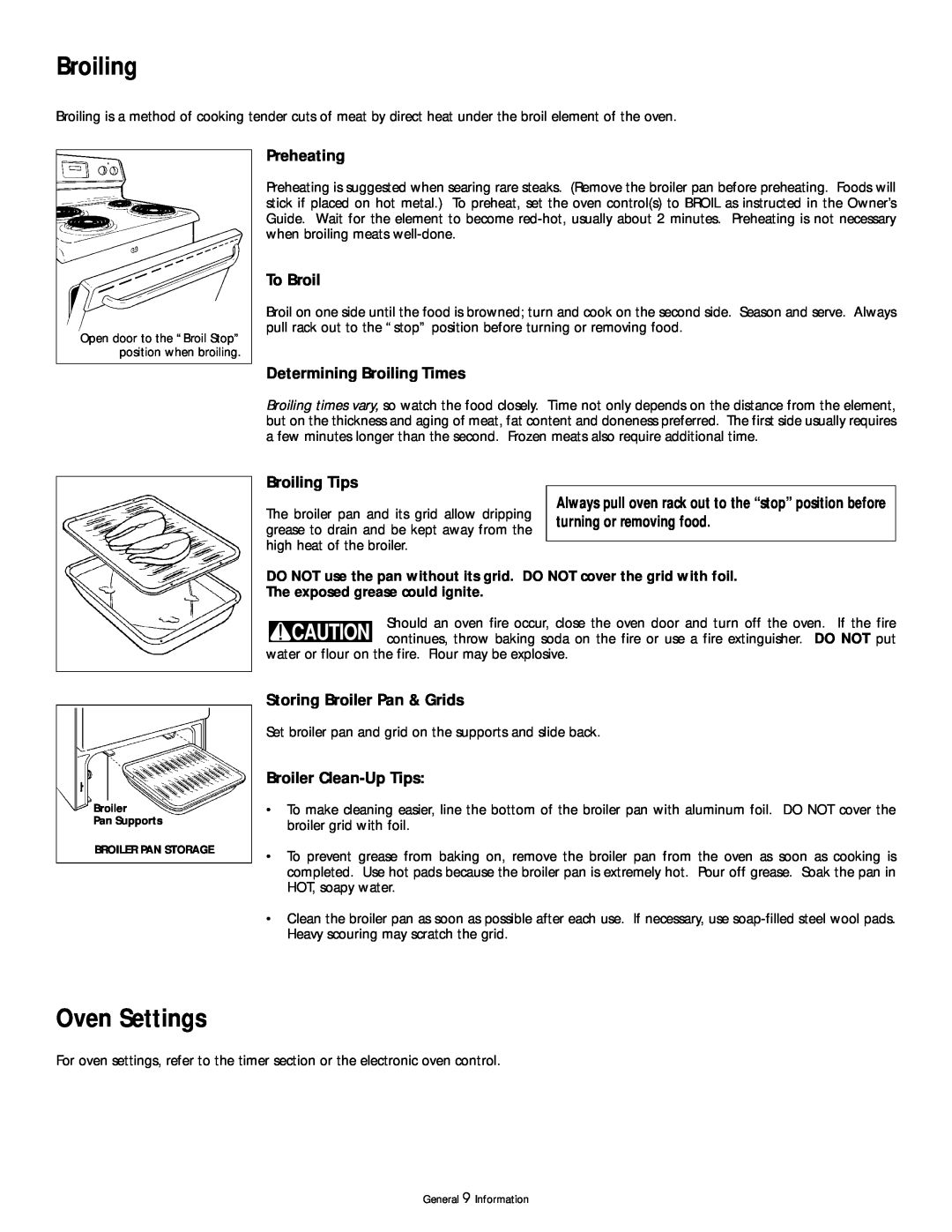Frigidaire 318200404 manual Oven Settings, Preheating, To Broil, Determining Broiling Times, Broiling Tips 