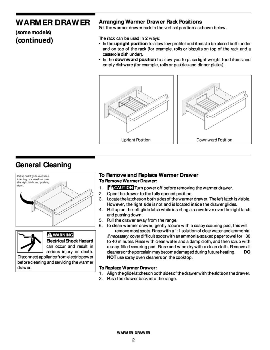 Frigidaire 318200404 manual continued, General Cleaning, some models, Arranging Warmer Drawer Rack Positions 