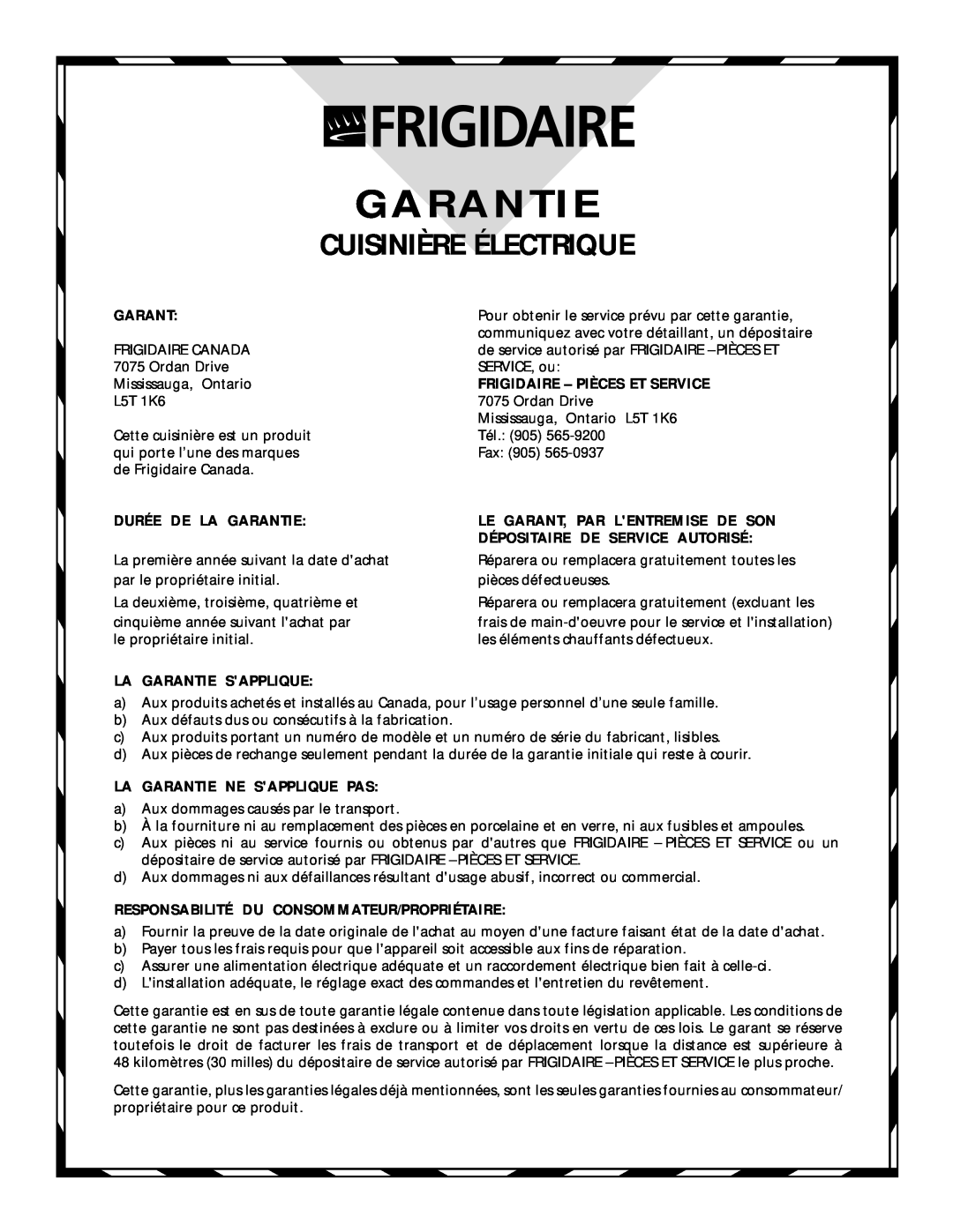 Frigidaire 318200404 manual Cuisinière Électrique, Frigidaire - Pièces Et Service, Durée De La Garantie 