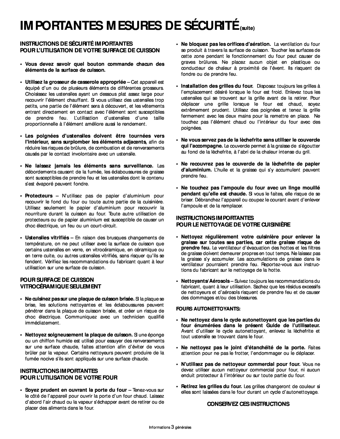 Frigidaire 318200404 IMPORTANTES MESURES DE SÉCURITÉ suite, Instructions De Sécurité Importantes, Fours Autonettoyants 