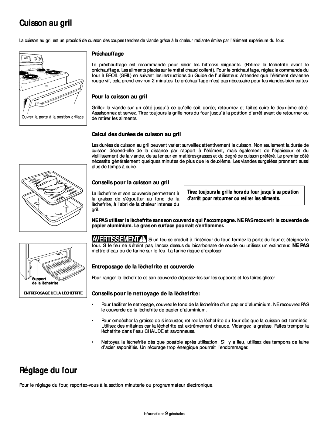 Frigidaire 318200404 manual Cuisson au gril, Réglage du four, Préchauffage, Pour la cuisson au gril 