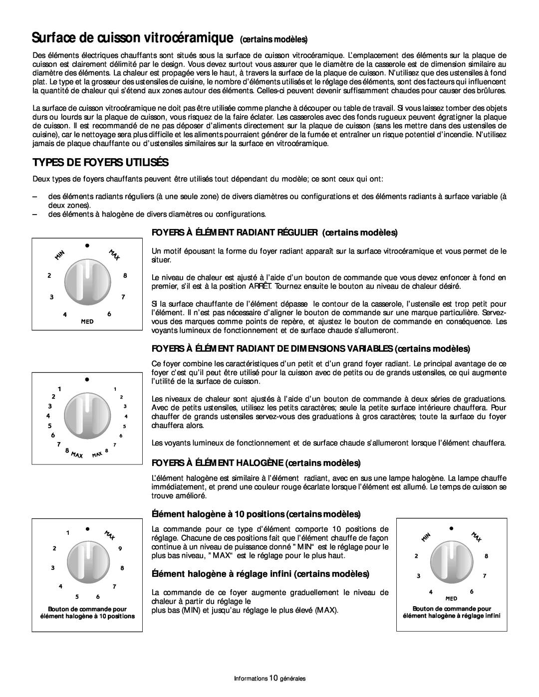 Frigidaire 318200404 manual Surface de cuisson vitrocéramique certains modèles, Types De Foyers Utilisés 
