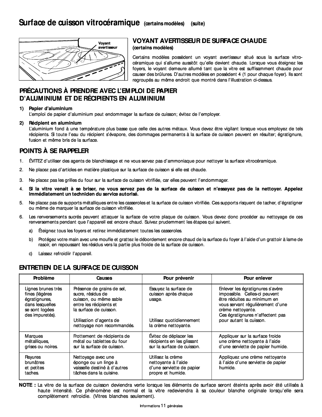Frigidaire 318200404 manual Surface de cuisson vitrocéramique certains modèles suite, Voyant Avertisseur De Surface Chaude 