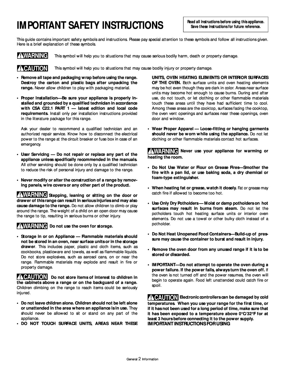 Frigidaire 318200404 Important Instructions For Using, Important Safety Instructions, Do not use the oven for storage 