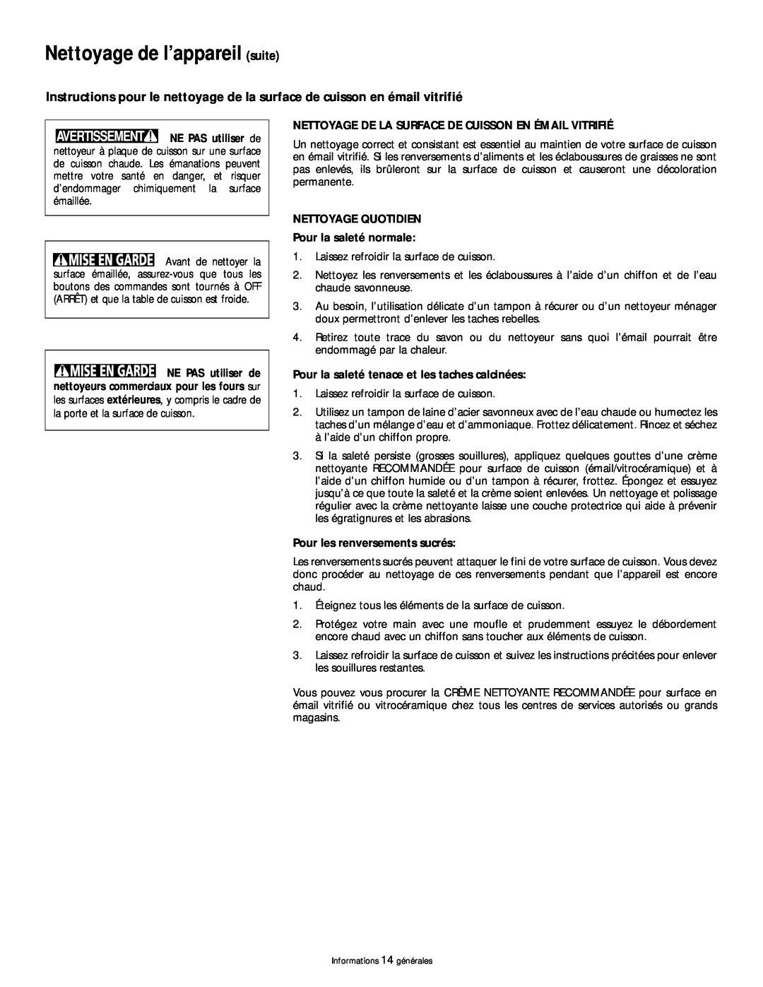 Frigidaire 318200404 manual Nettoyage de l’appareil suite, Nettoyage De La Surface De Cuisson En Émail Vitrifié 