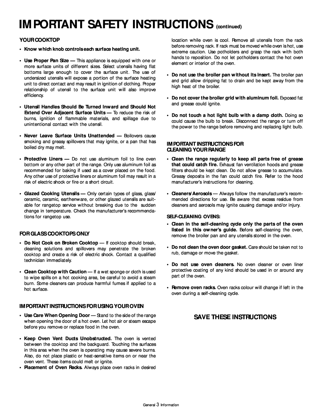 Frigidaire 318200404 IMPORTANT SAFETY INSTRUCTIONS continued, Save These Instructions, Your Cooktop, Self-Cleaning Ovens 