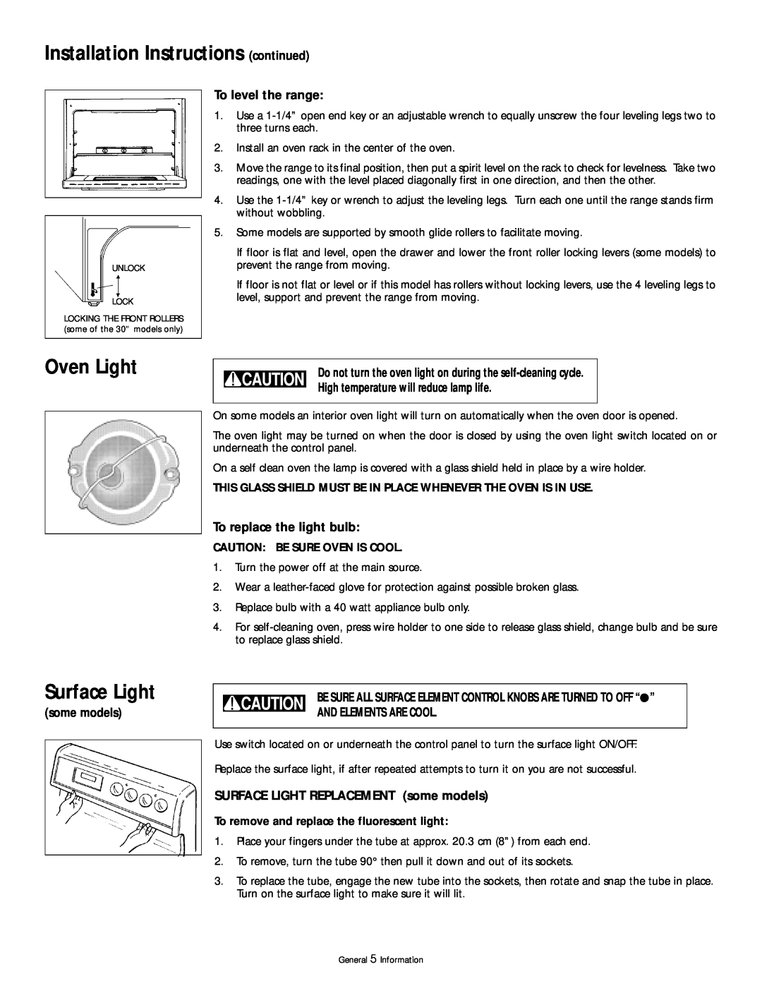 Frigidaire 318200404 manual Installation Instructions continued, Oven Light, Surface Light, To level the range, some models 