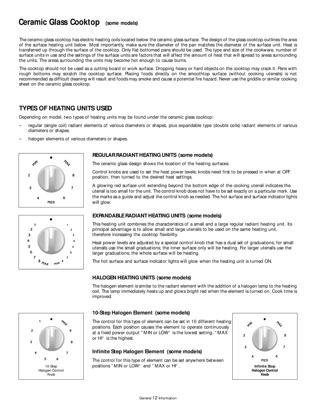 Frigidaire 318200407 manual Ceramic Glass Cooktop some models, Types of Heating Units Used 