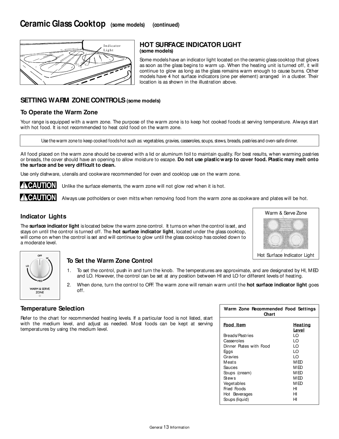 Frigidaire 318200407 manual HOT Surface Indicator Light, Ceramic Glass Cooktop some models, Some models 