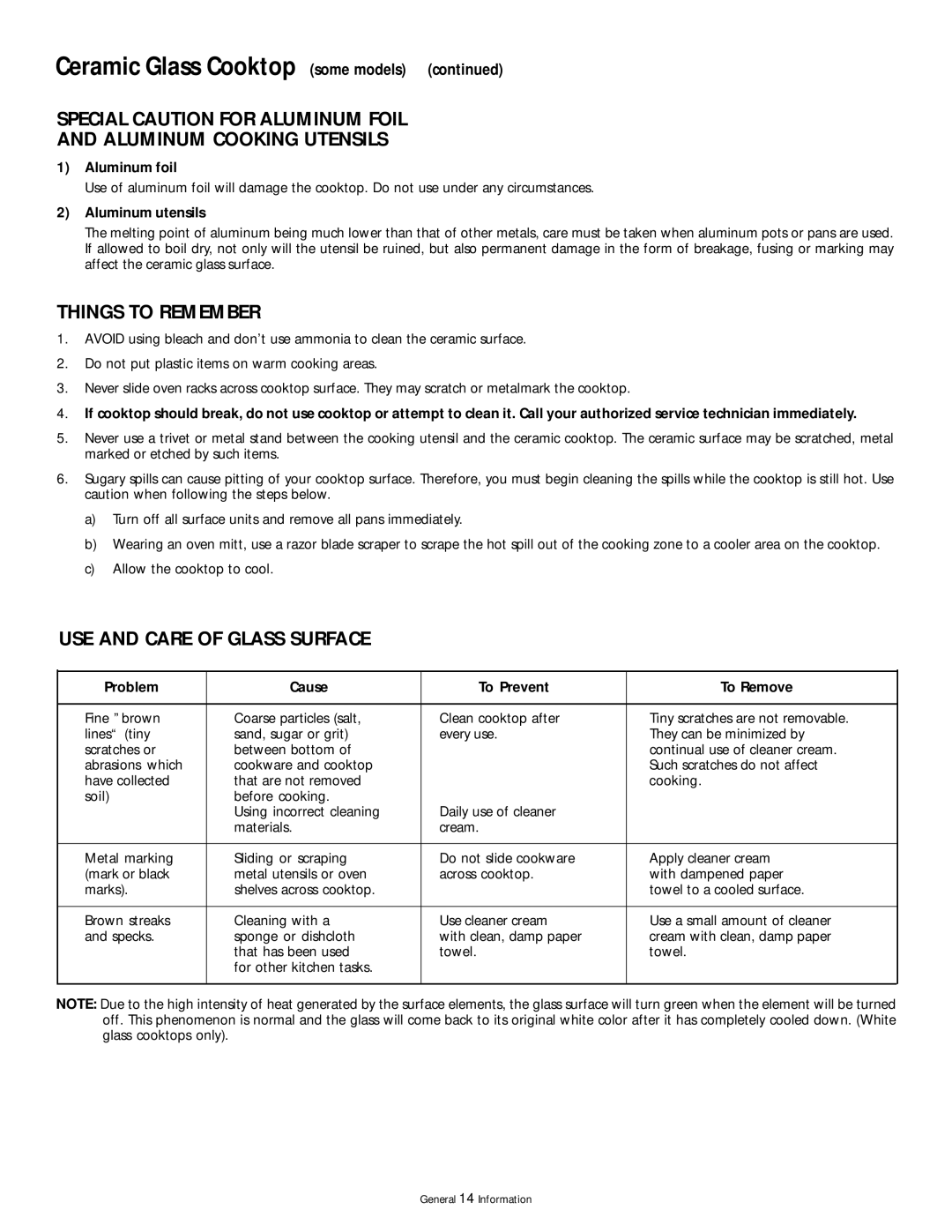 Frigidaire 318200407 manual Special Caution for Aluminum Foil Aluminum Cooking Utensils, Things to Remember 