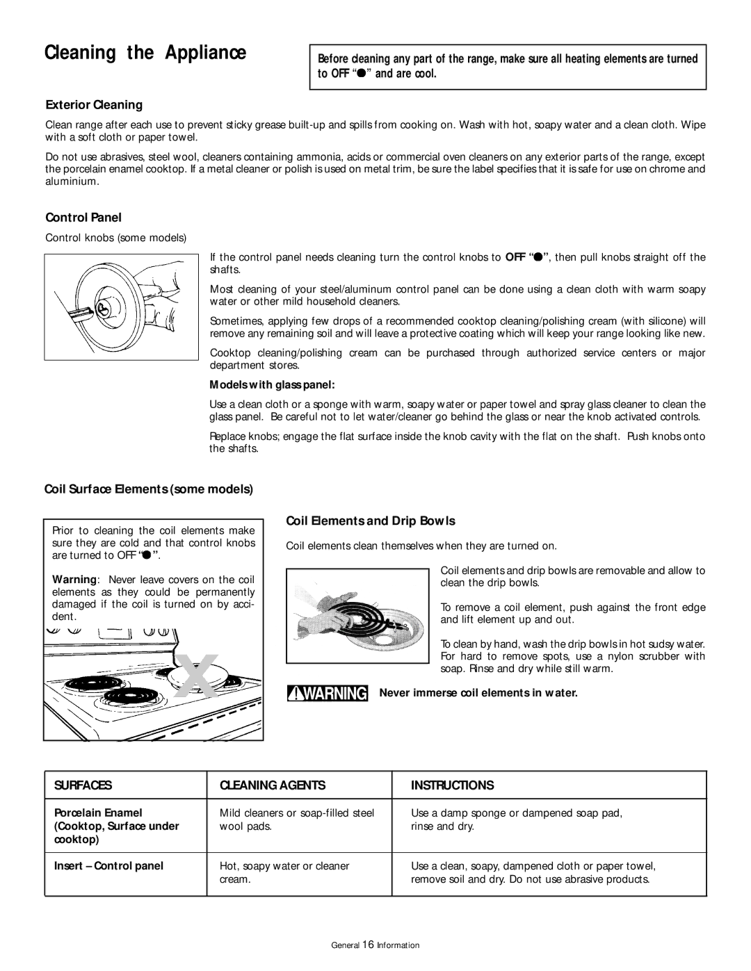 Frigidaire 318200407 manual Cleaning the Appliance, Control Panel, Coil Surface Elements some models 