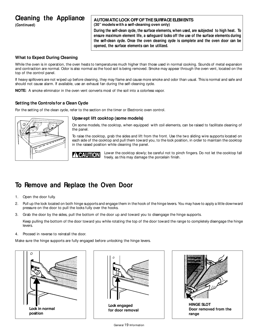 Frigidaire 318200407 To Remove and Replace the Oven Door, What to Expect During Cleaning, Upswept lift cooktop some models 