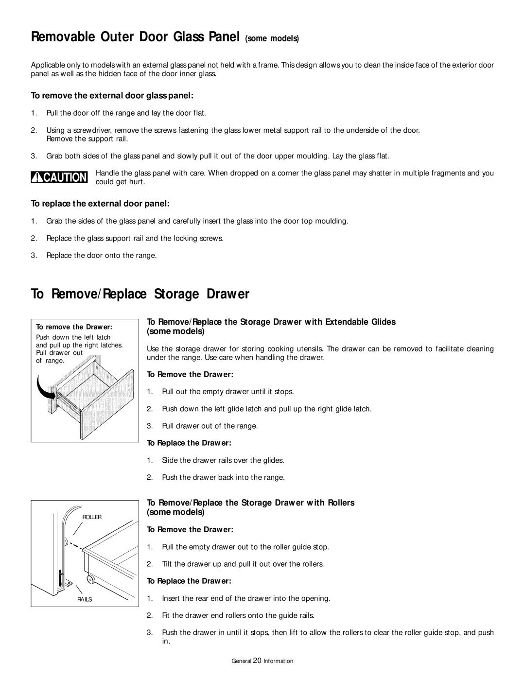 Frigidaire 318200407 manual Removable Outer Door Glass Panel some models, To Remove/Replace Storage Drawer 