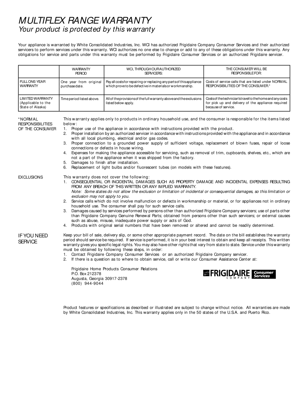 Frigidaire 318200407 manual Multiflex Range Warranty, If YOU Need Service 