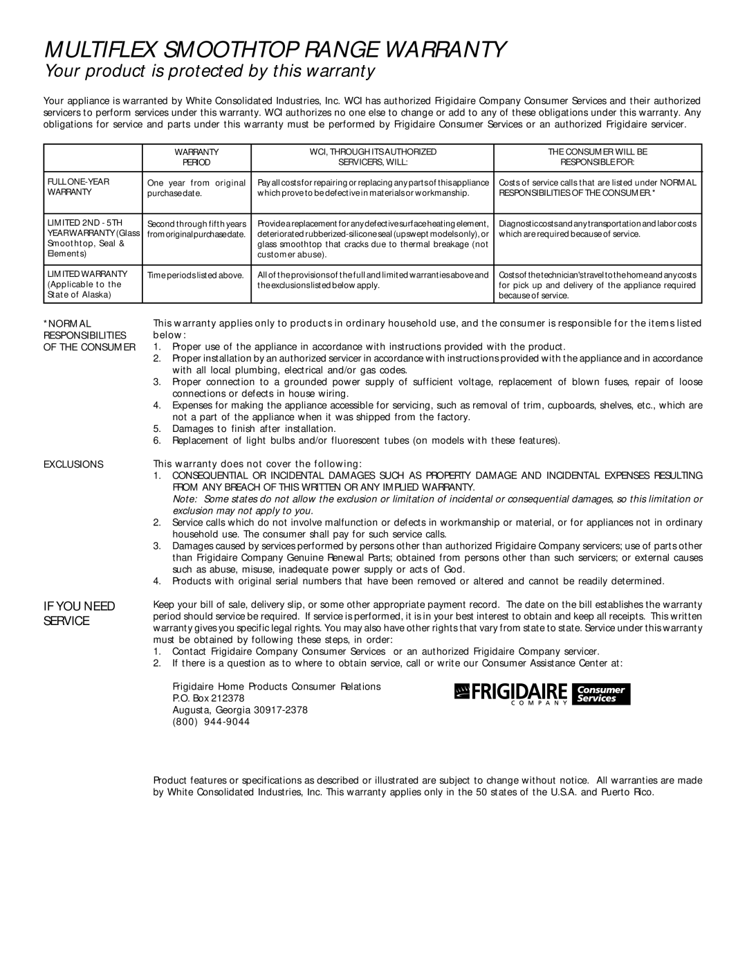 Frigidaire 318200407 manual Multiflex Smoothtop Range Warranty 