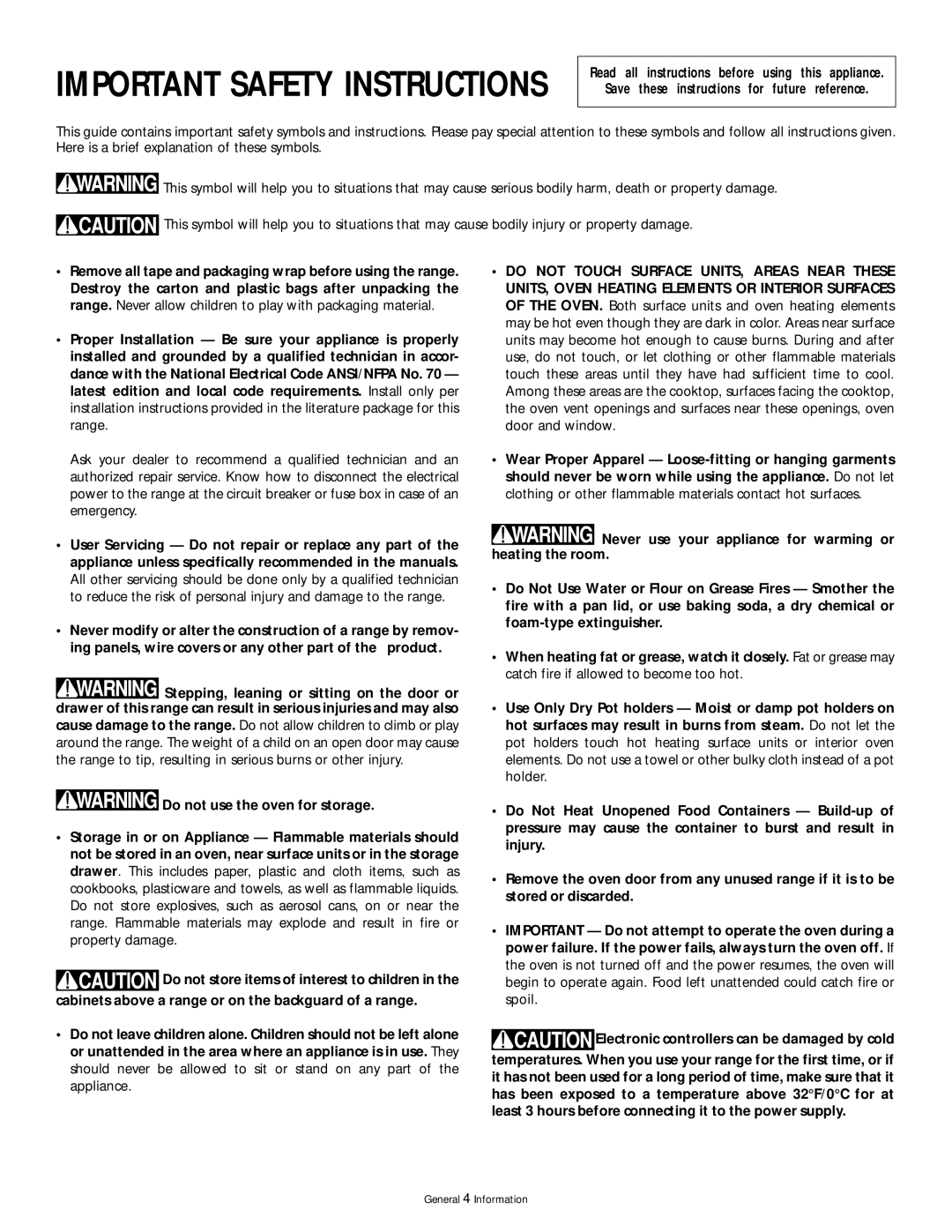 Frigidaire 318200407 manual Important Safety Instructions 