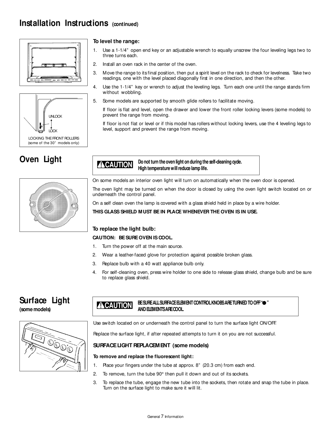 Frigidaire 318200407 manual Oven Light, Surface Light 