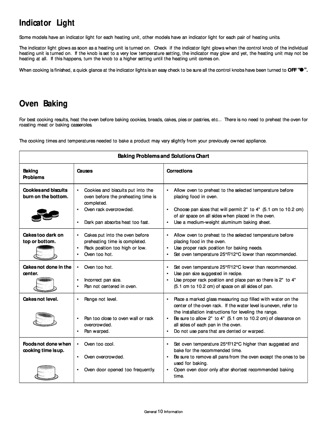 Frigidaire 318200407 Indicator Light, Oven Baking, Baking Problems and Solutions Chart, Causes, Corrections, top or bottom 