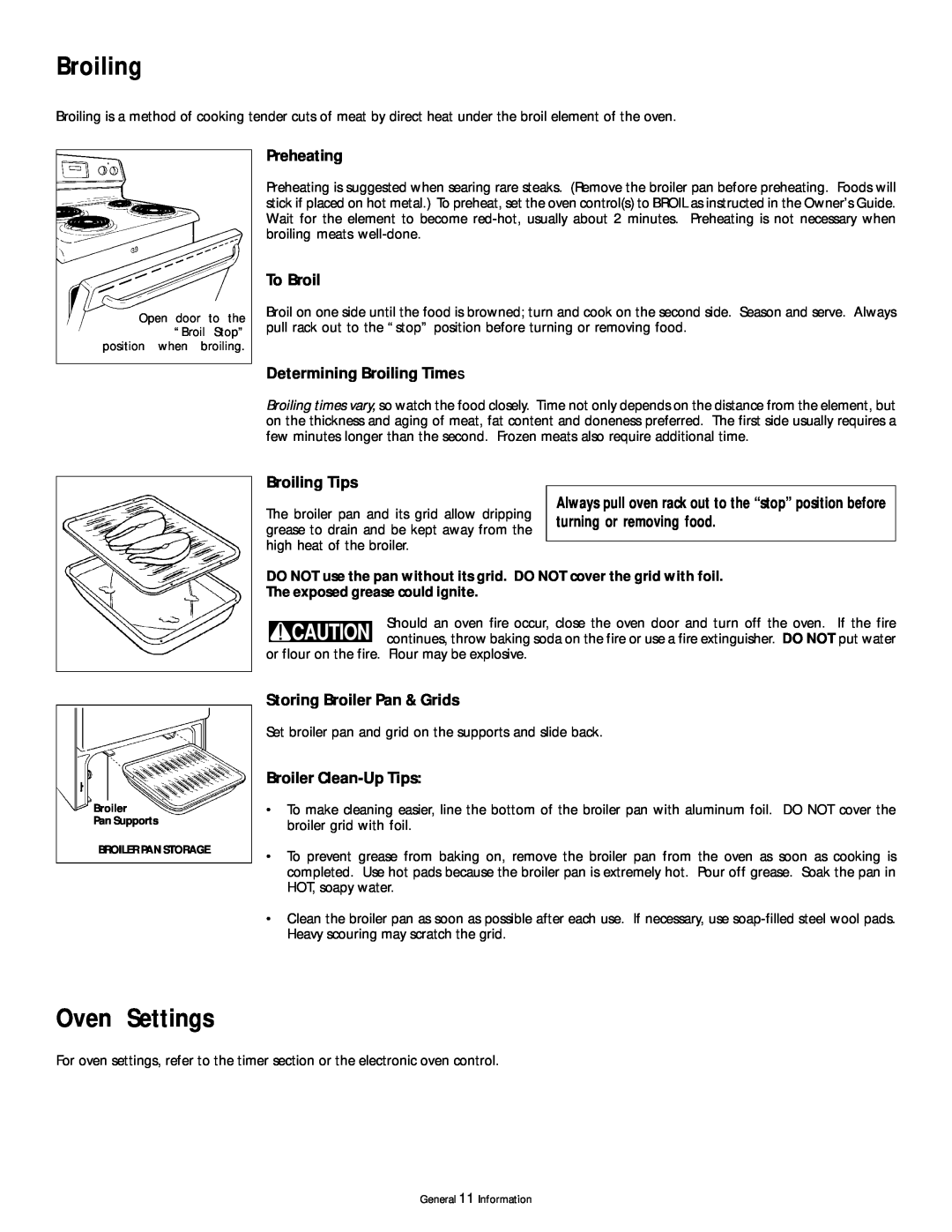 Frigidaire 318200407 manual Oven Settings, Preheating, To Broil, Determining Broiling Times, Broiling Tips 