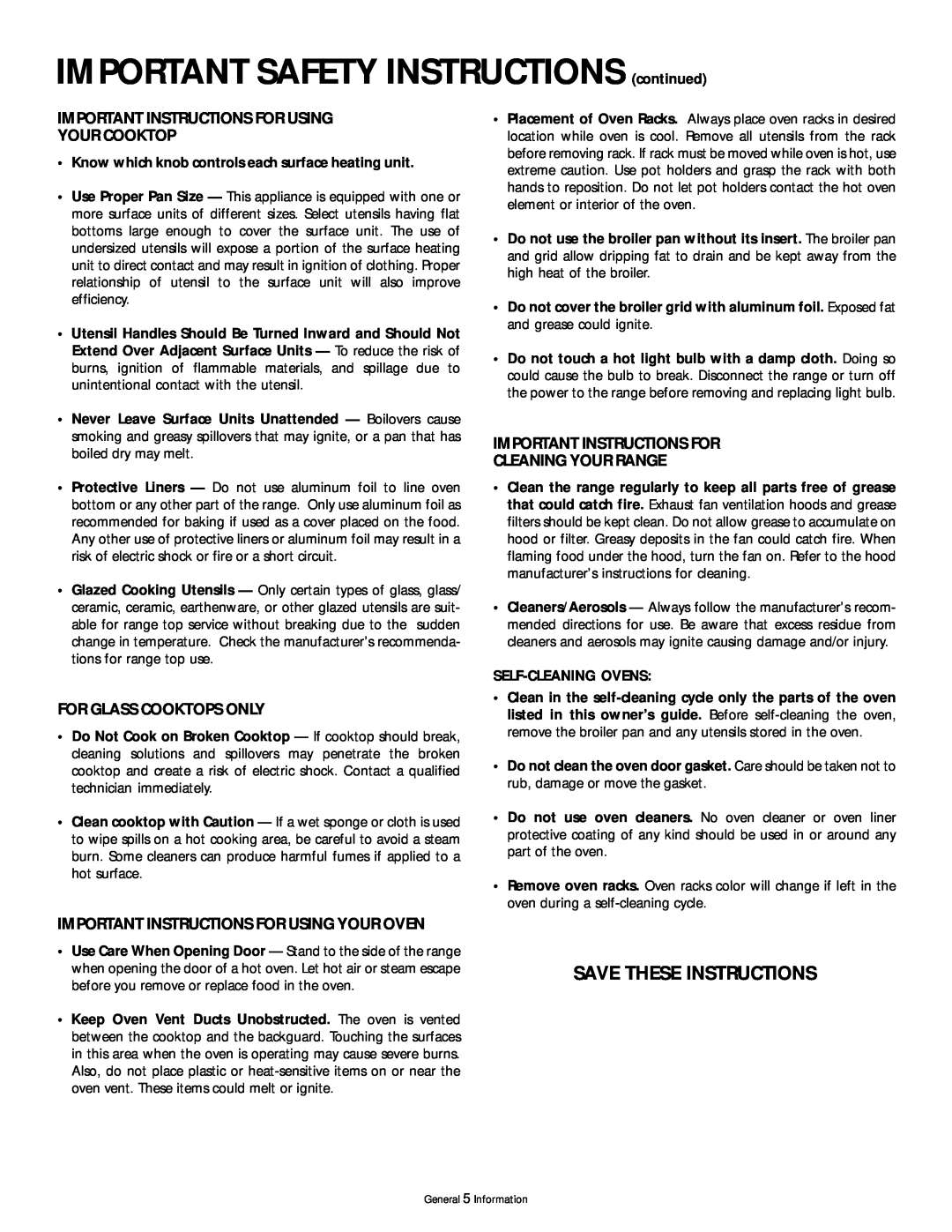 Frigidaire 318200407 manual Save These Instructions, Important Instructions For Using Your Cooktop, For Glass Cooktops Only 