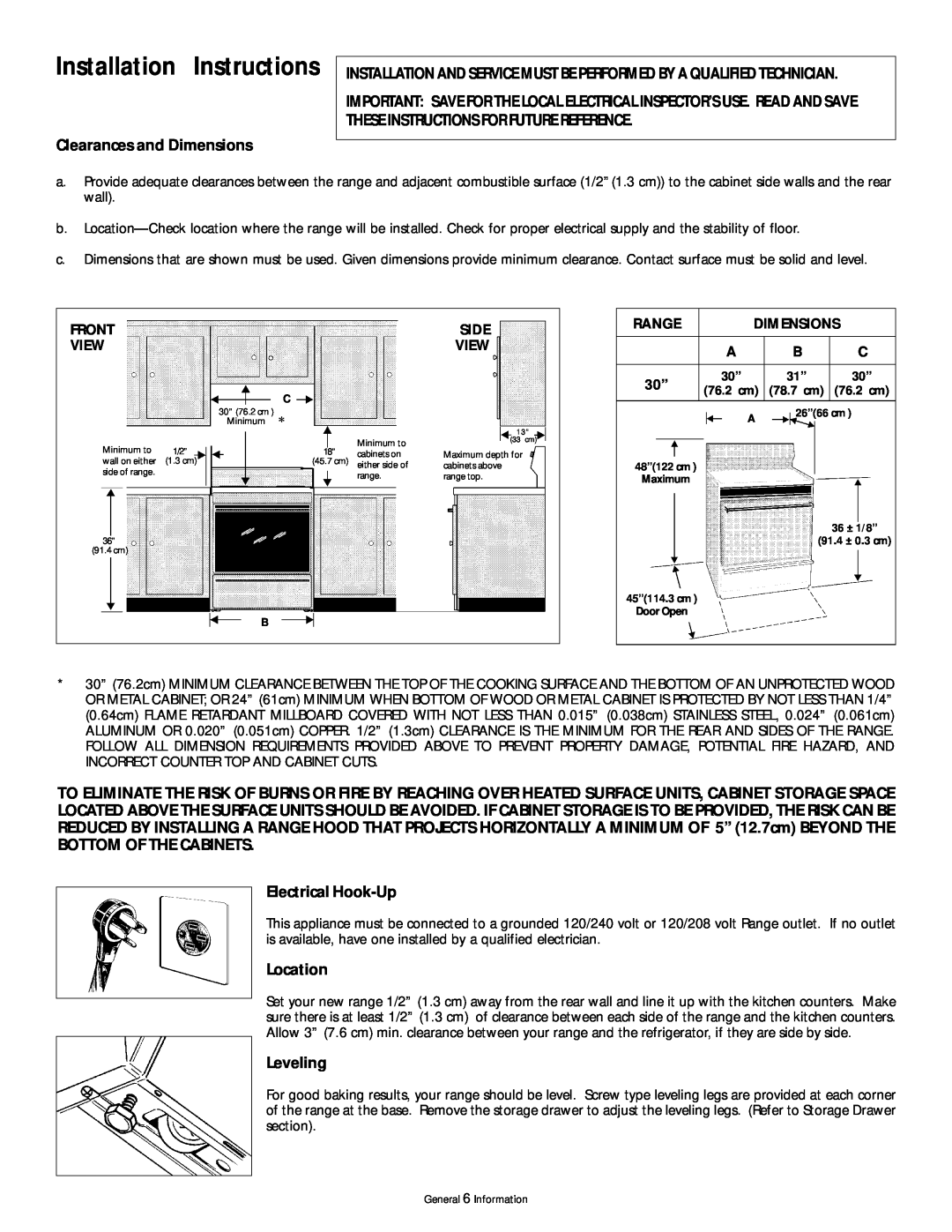Frigidaire 318200407 Installation Instructions, Clearances and Dimensions, Electrical Hook-Up, Location, Leveling, Front 
