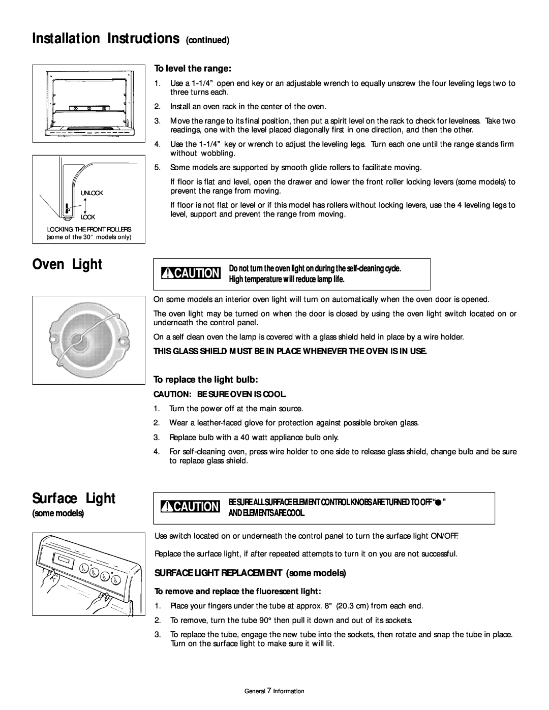 Frigidaire 318200407 manual Installation Instructions continued, Oven Light, Surface Light, To level the range, some models 