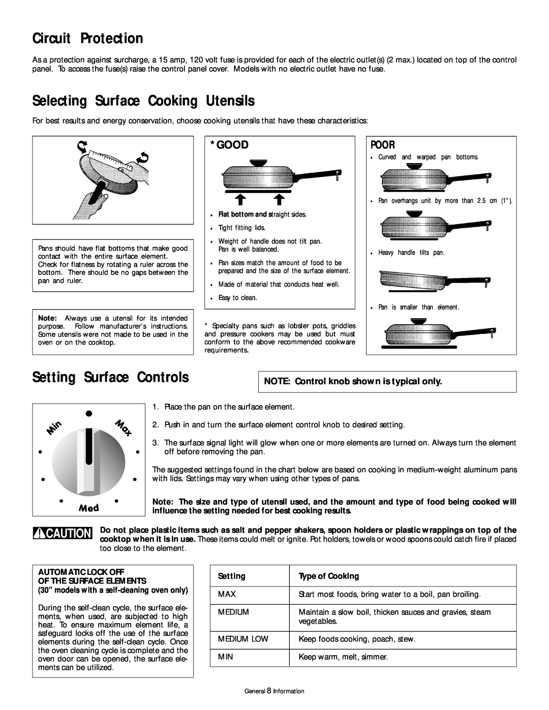 Frigidaire 318200407 manual Circuit Protection, Selecting Surface Cooking Utensils, Setting Surface Controls, Good, Poor 