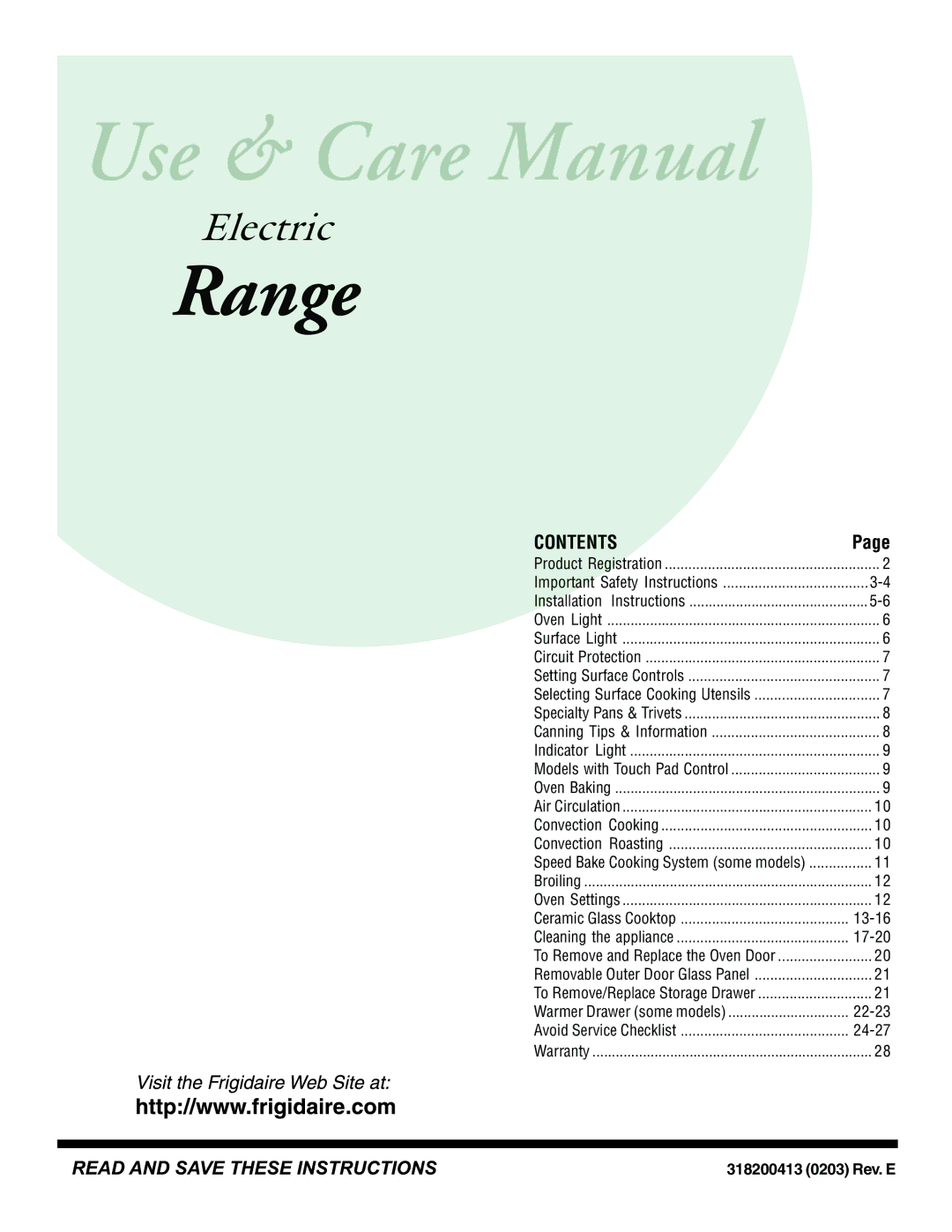 Frigidaire 318200413 important safety instructions Range 