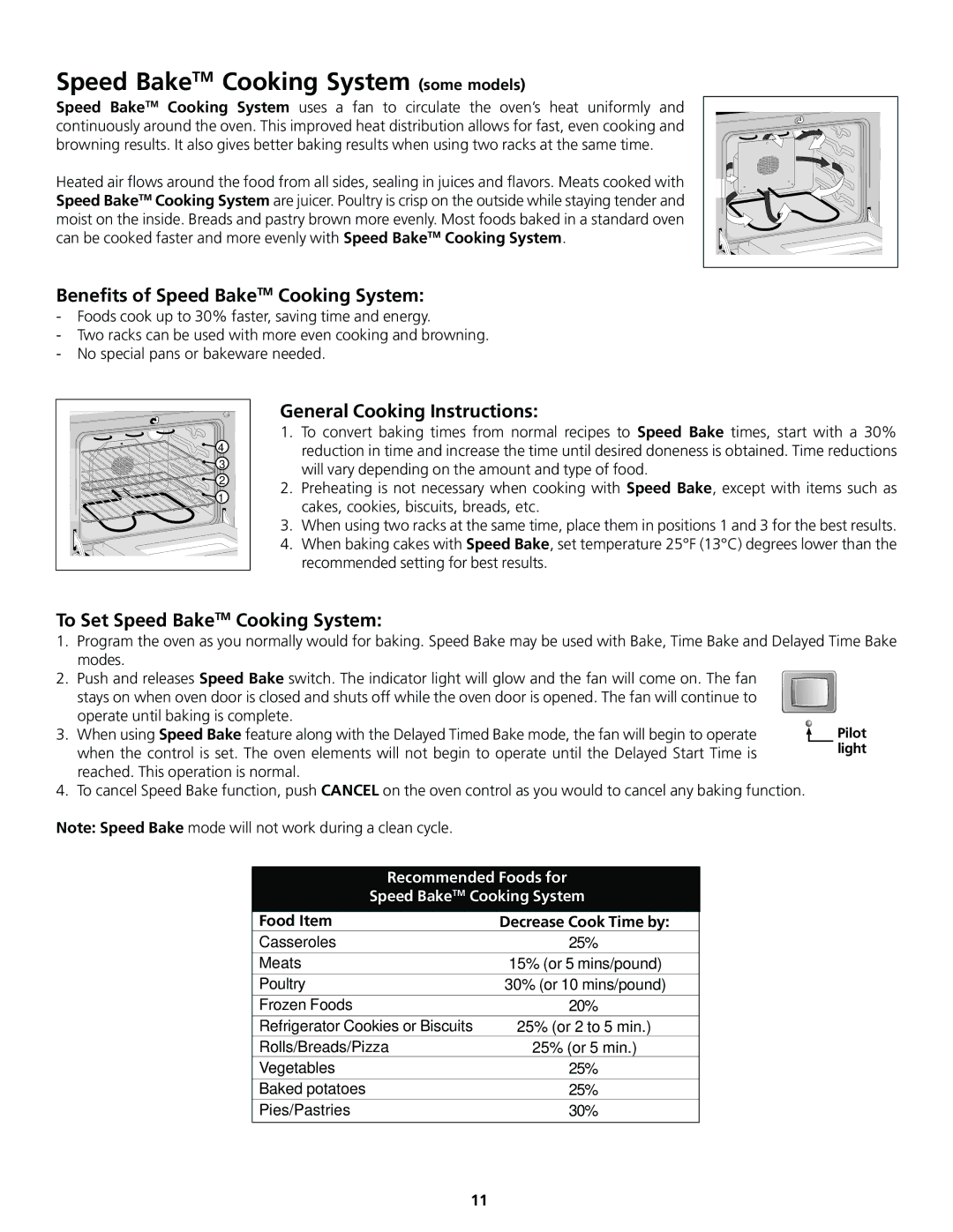 Frigidaire 318200413 Speed BakeTM Cooking System some models, Benefits of Speed BakeTM Cooking System, Food Item 