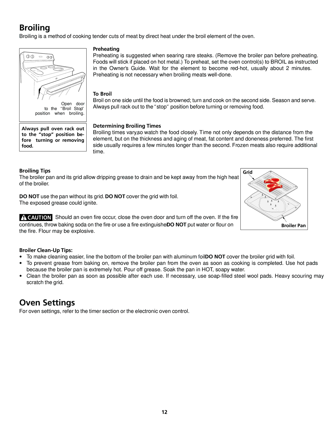 Frigidaire 318200413 important safety instructions Broiling, Oven Settings 