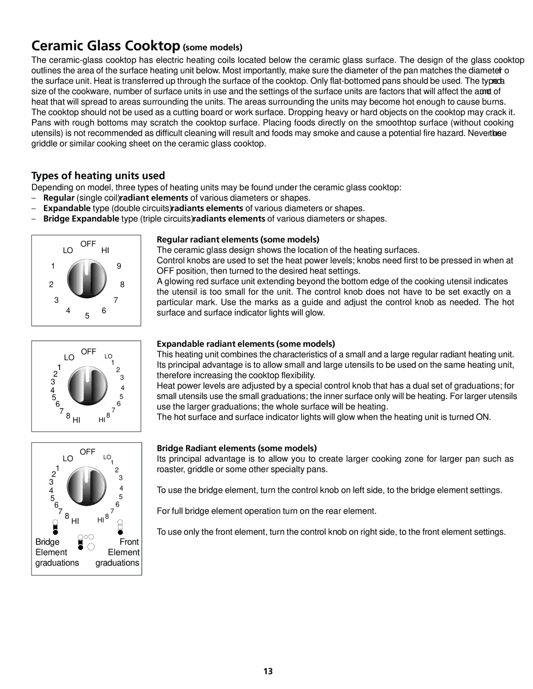 Frigidaire 318200413 Ceramic Glass Cooktop some models, Types of heating units used, Regular radiant elements some models 