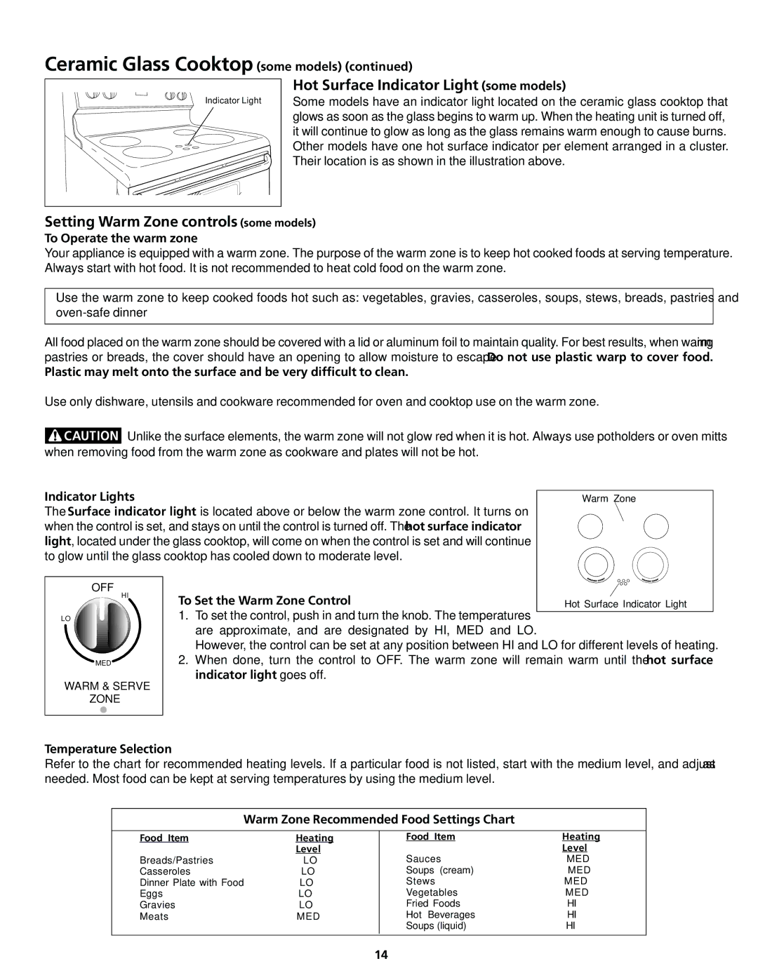 Frigidaire 318200413 Hot Surface Indicator Light some models, Setting Warm Zone controls some models 