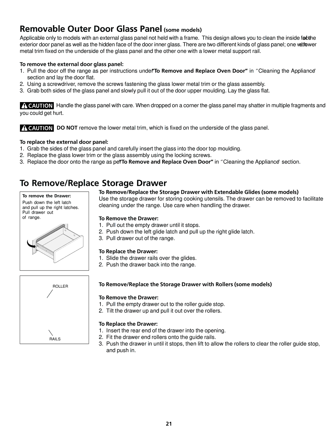 Frigidaire 318200413 Removable Outer Door Glass Panel some models, To Remove/Replace Storage Drawer 