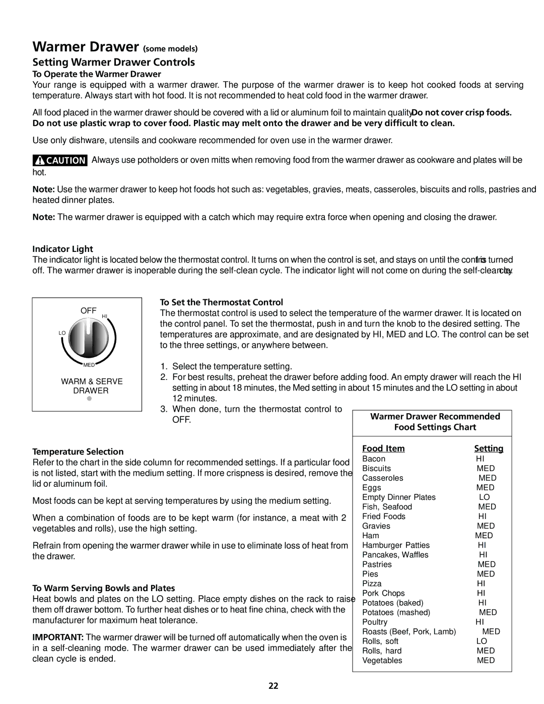 Frigidaire 318200413 important safety instructions Warmer Drawer some models, Setting Warmer Drawer Controls 