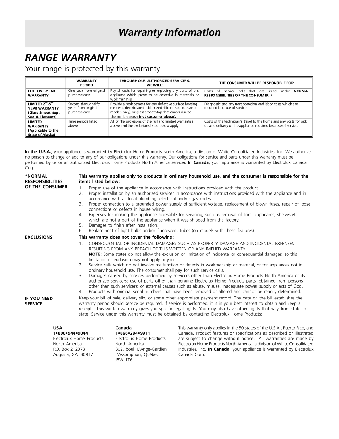 Frigidaire 318200413 important safety instructions Range Warranty 