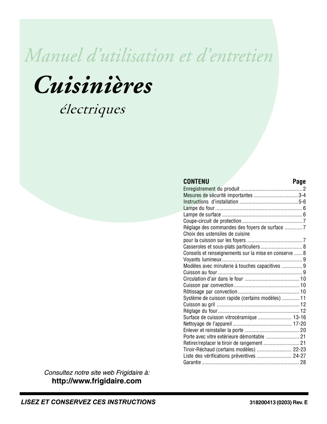 Frigidaire 318200413 important safety instructions Cuisinières 