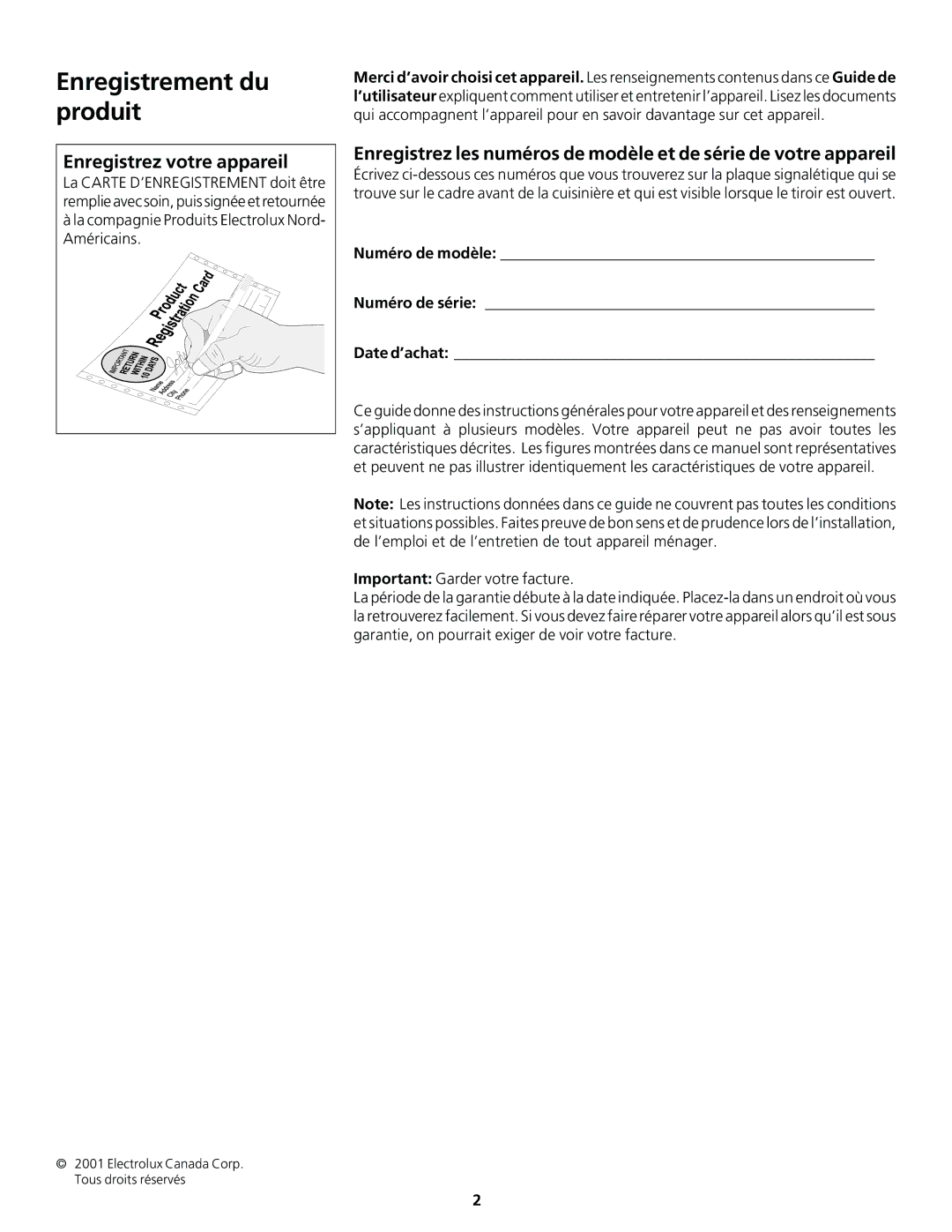 Frigidaire 318200413 Enregistrement du produit, Enregistrez votre appareil, Numéro de modèle Numéro de série Date d’achat 