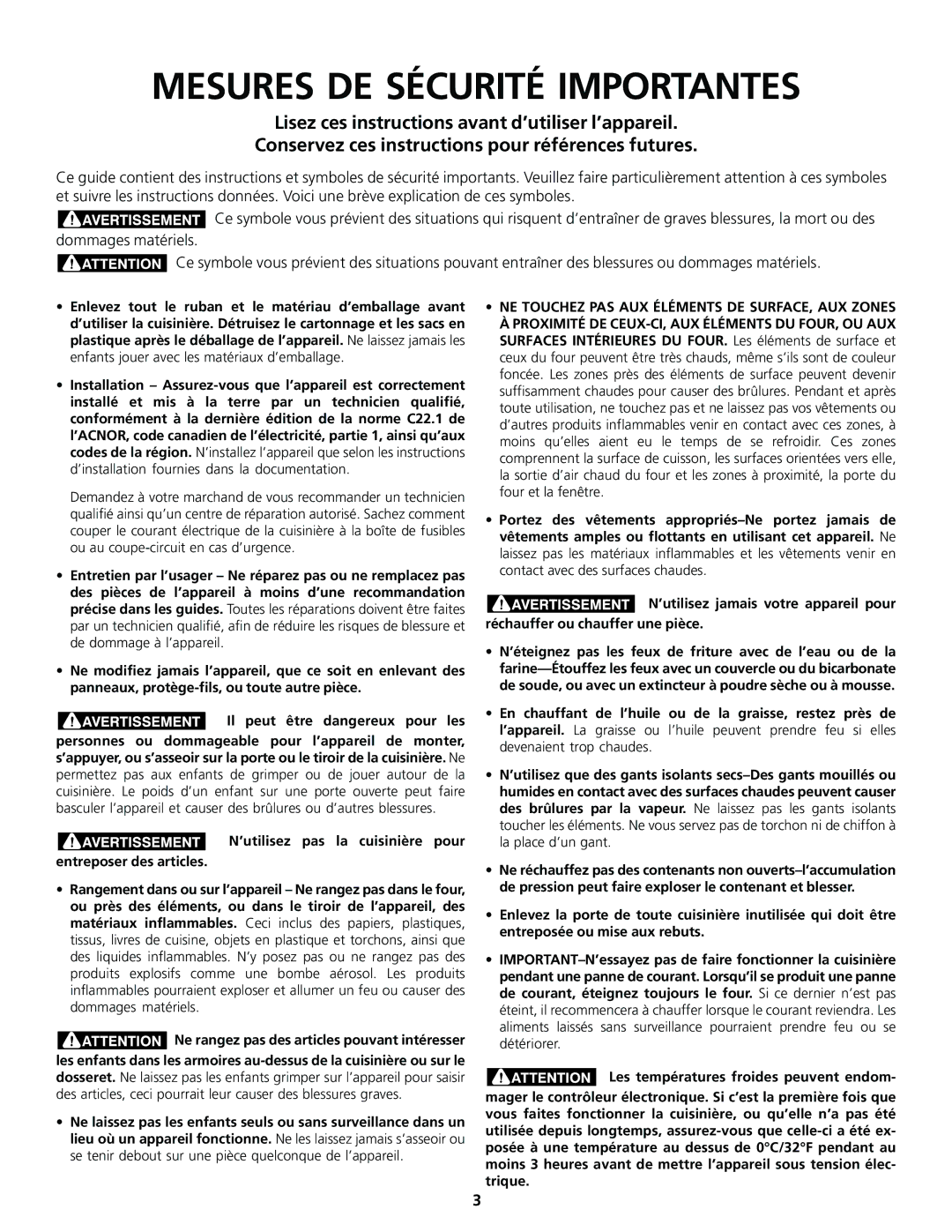 Frigidaire 318200413 important safety instructions Mesures DE Sécurité Importantes 