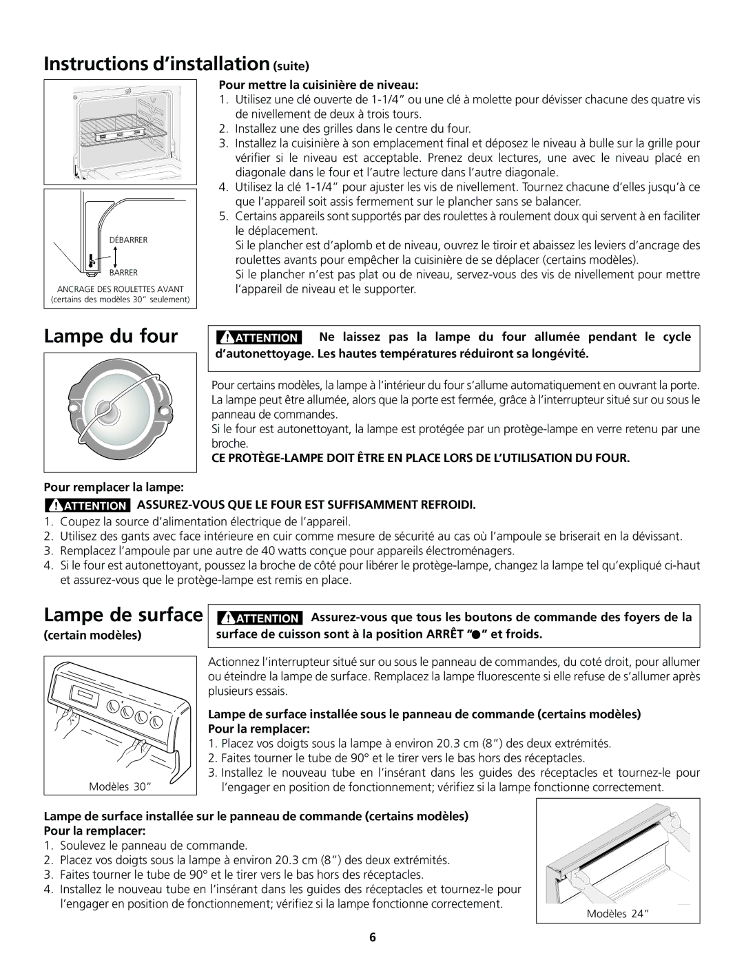 Frigidaire 318200413 Instructions d’installation suite, Lampe du four, Lampe de surface, Pour la remplacer 