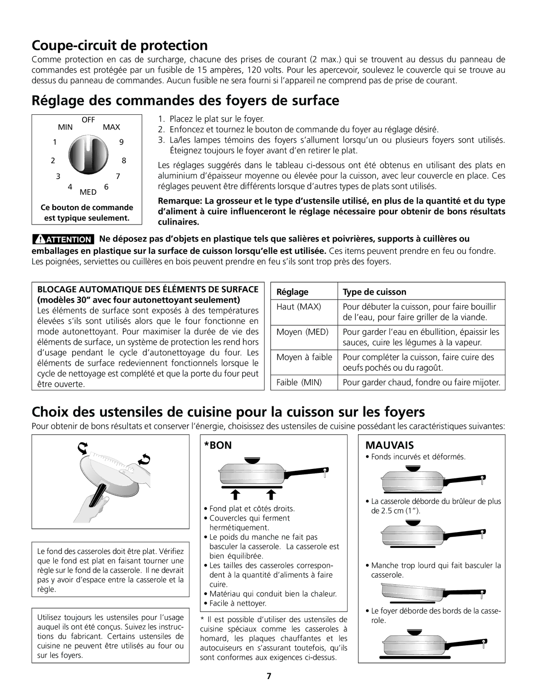 Frigidaire 318200413 Coupe-circuit de protection, Réglage des commandes des foyers de surface, Réglage Type de cuisson 