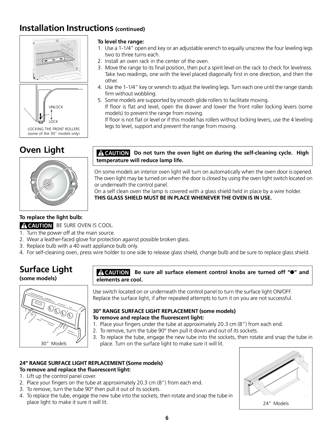 Frigidaire 318200413 important safety instructions Oven Light, Surface Light, To level the range, To replace the light bulb 