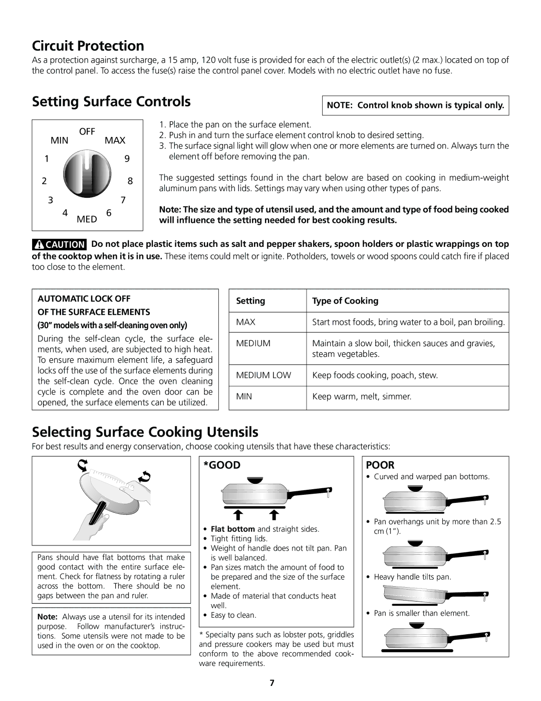 Frigidaire 318200413 Circuit Protection, Setting Surface Controls, Selecting Surface Cooking Utensils 