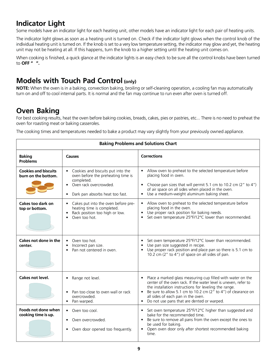 Frigidaire 318200413 Indicator Light, Models with Touch Pad Control only Oven Baking, Baking Problems and Solutions Chart 